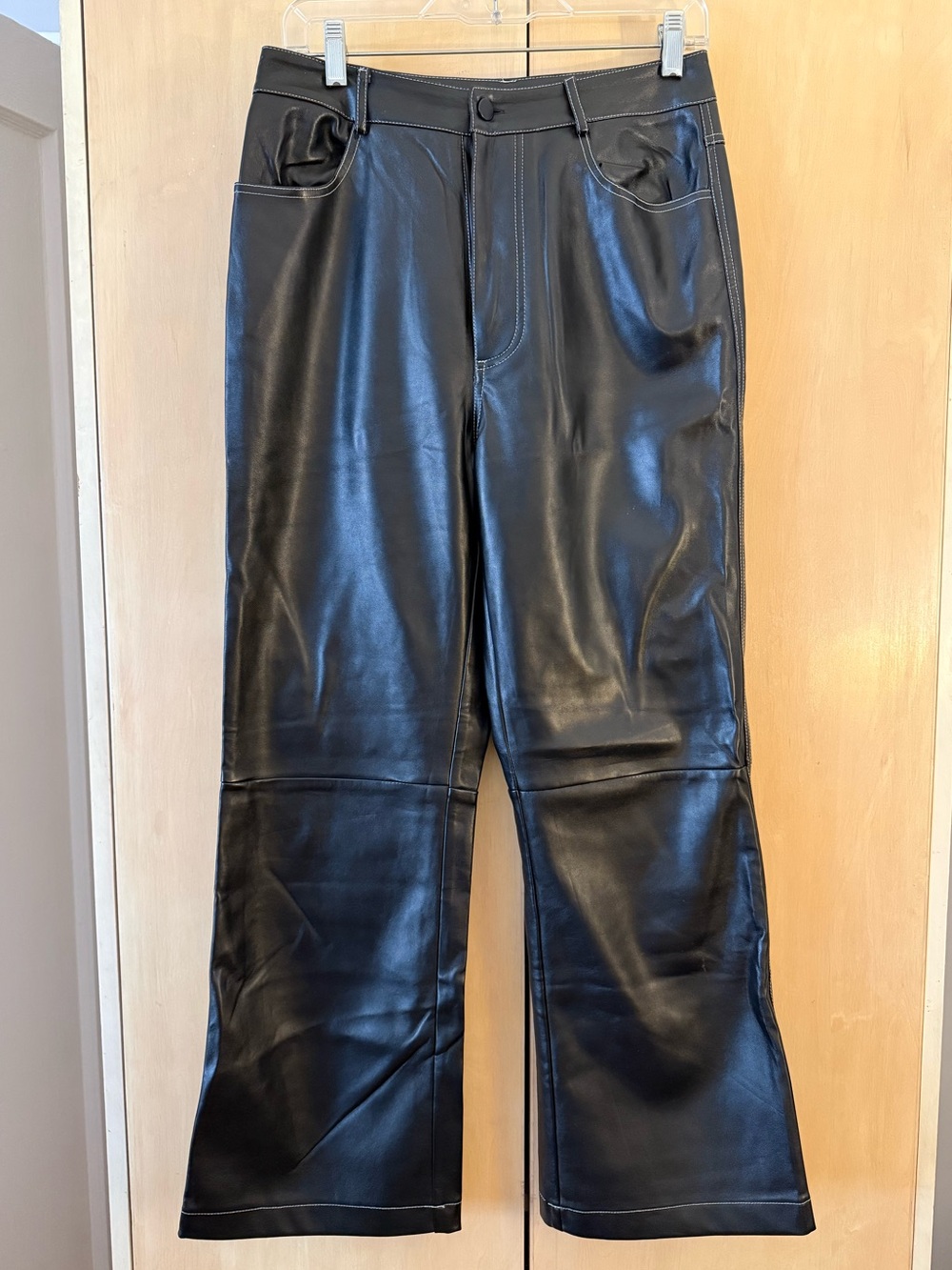 Beige Botany Wide-Leg Black Faux Leather Pants with High Waist